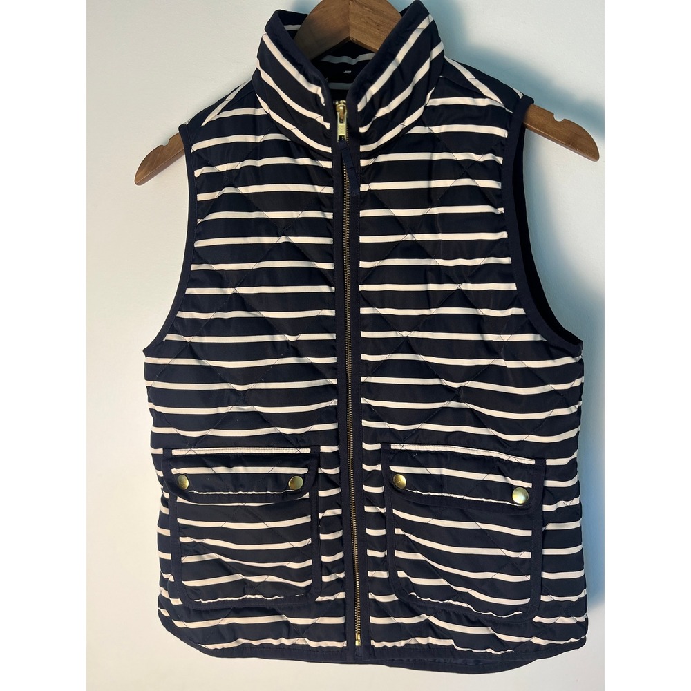 J.Crew XS Quilted Vest Preppy Nautical Navy Blue White Striped Excursion Zip Up